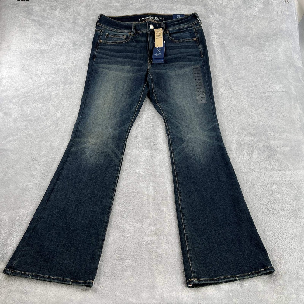 American Eagle Kick Boot Jeans Womens 12 NWT Dark Shadow Mid Rise Stretch Flare